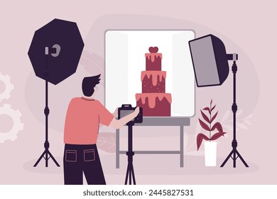 Fotógrafo masculino tomando foto de pastel en la mesa por la cámara. Profesional tomando foto de comida dulce en el estudio de fotos. Fotografía para un blog de comida o publicidad. Ilustración vectorial de acciones