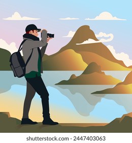 a male photographer is taking pictures of beautiful natural views of mountains and sea in the open air