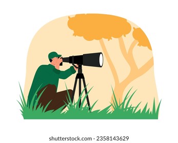 Male photographer using professional camera to take photos while bird watching, vector illustration.