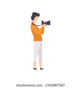 Male photographer working with camera, guy taking photo with camera vector Illustration on a white background