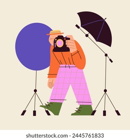 Male photographer working at photographic studio during photo session. Camera man shoot. Taking a photo session concept. Flat cartoon vector illustration.