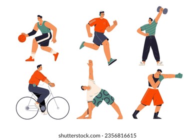 Male physical activity collection. Vector cartoon illustration in flat style of a young man who jogs, plays basketball, rides a bike, does boxing, etc. Isolated on white