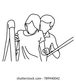 Male Physical Therapist Assisting Disable Woman To Walk With The Support Of Bars At Hospital Vector Illustration Outline Sketch Hand Drawn With Black Lines Isolated On White Background