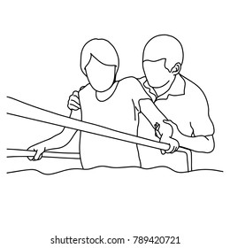 Male Physical Therapist Assisting Woman To Walk With The Support Of Bars At Hospital Gym Vector Illustration Outline Sketch Hand Drawn With Black Lines Isolated On White Background