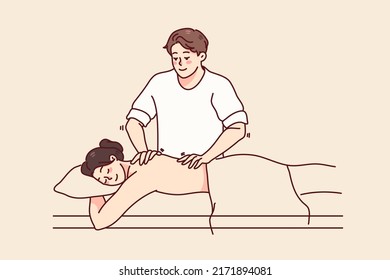 Male physician make back massage to female client in spa or salon. Masseur help woman patient with backache, relive muscle pain. Healthcare and wellness. Vector illustration. 