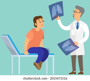 Male physician or radiologist demonstrating X-ray of rib cage to scared patient and informing about diagnosis. Man is afraid of doctors. Guy suffering from fear of treatment and medical care