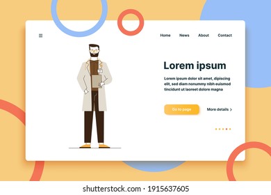Male physician in white coat. Doctor with stethoscope holding medical history flat vector illustration. Medicine, healthcare, practitioner concept for banner, website design or landing web page