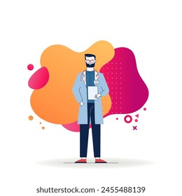 Male physician in white coat. Doctor with stethoscope holding medical history flat vector illustration. Medicine, healthcare, practitioner concept for banner, website design or landing web page