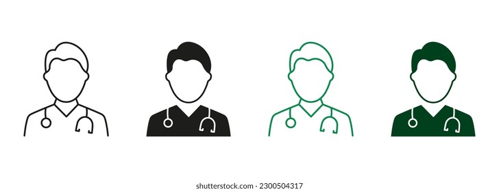 Male Physicians, Medic Assistant Black and Color Pictogram Set. Professional Doctor Man with Stethoscope Line and Silhouette Icons. Medical Specialist Symbol Collection. Isolated Vector Illustration.