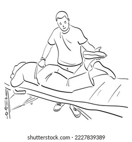male physiotherapist massaging and kneading a leg of patient provides medical care illustration vector hand drawn isolated on white background line art.