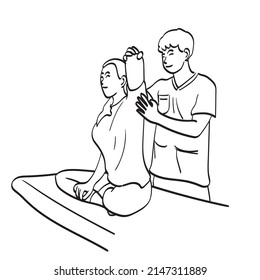 male physiotherapist working with patient illustration vector hand drawn isolated on white background line art.