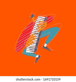 Male pianist cartoon character over electric piano. Vector illustration