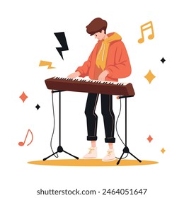 Male pianist cartoon character over electric piano. Musical Keyboard Synthesizer Instrument isolated on white background. Vector illustration. Concept icons for clubs and conservatories.