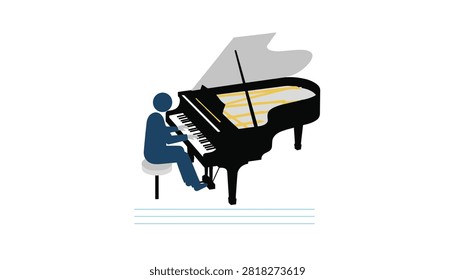 Male pianist playing classical melody on a large black grand piano seen from side view isolated on white background.