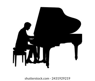 Male pianist playing grand piano side view vector silhouette.	