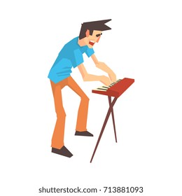Male pianist of rock band playing keyboard cartoon vector Illustration
