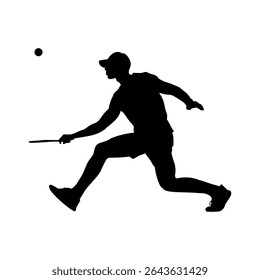 Male Pickleball Player in Action Silhouette, Athletic Man Lunging to Hit Pickleball Vector Silhouette