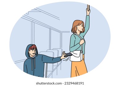 Male pickpocket stealing wallet from female passenger in bus or metro. Man thief take phone or money from woman bag in tram. Burglary and theft concept. Vector illustration.