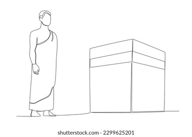 A male pilgrim standing beside the kabba. Hajj pilgrims one-line drawing