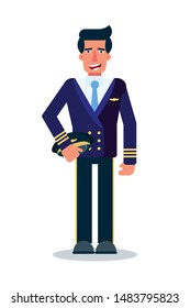 Male pilot flat vector character. Airplane captain in professional uniform isolated clipart. International airlines, aircraft crew member on white background. Young aviator cartoon illustration