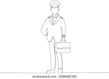 A male pilot prepares to travel with a suitcase. Pilot and plane one-line drawing