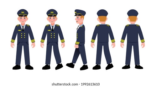 Male Pilot in uniform. The Pilot is view from the front, from the side and from the back. Vector illustration in cartoon style
