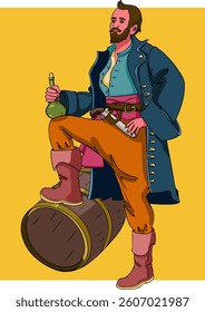 Male pirate standing with botlle of rume. Vector illustration.
