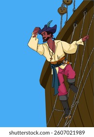 Male pirate standing on board a ship and holding a rope. Vector illustration.