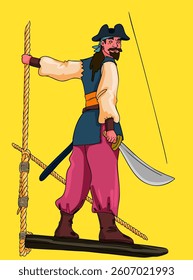Male pirate standing with a sabre on board a ship and holding a rope. Vector illustration.