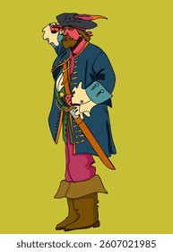 Male pirate stands and looks into the distance. Vector illustration.