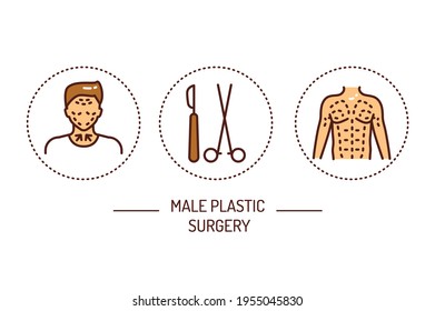 Male plastic surgery color line icons concept. Anti aging injection, therapy. Isolated vector element. Outline pictograms for web page, mobile app, promo.