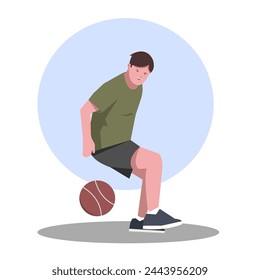 Male player playing basketball, throwing it into the basket net, dribbling, dunking and jumping during a sports game. suitable for a basketball sports theme. flat vector illustration