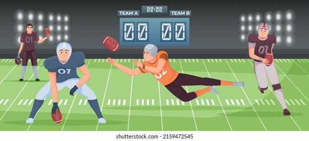 Male Players Playing American Football On Soccer Field With Score Board Flat Vector Illustration