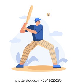 Male playing baseball. Sporty and healthy lifestyle. Concept of playing sport game outside. Vector flat illustration in yellow and blue colors in cartoon style