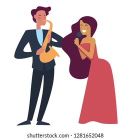 Male playing on trumpet wind pipe instrument musician vector. Man and woman giving performance together lady singer holding microphone. Vocalist with mike on musical concert talented couple