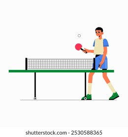 Male playing table tennis with paddle in flat vector illustration symbolizing competition, recreation, and sport, isolated on white background.