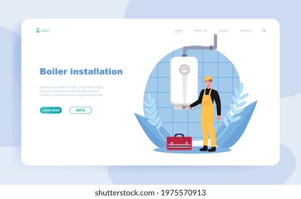 Male plumber is installing water heater or boiler. Concept of home repair, maintenance and plumbing services. Website, web page, landing page template. Flat cartoon vector illustration