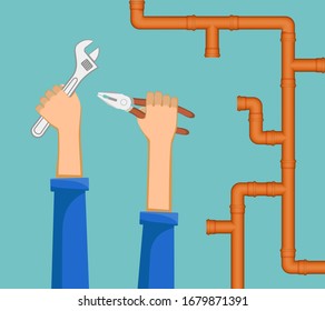 Male plumber repairs a water pipe with a tool. Vector illustration