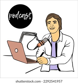 male podcaster hosts an audio podcast live from his home studio. Podcast in home studio. records podcast on his laptop computer with microphone stand.
