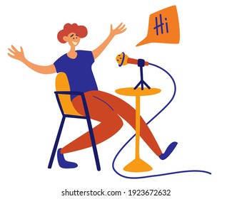 Male podcaster talking to microphone recording podcast isolated cartoon character. Radio host with table flat vector illustration. Media hosting doodle drawing. 