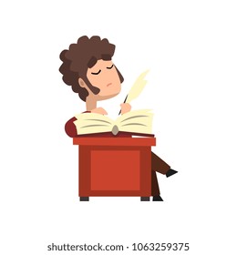 Male poet writing a quill on sheet of paper, hobby or profession concept vector Illustration on a white background