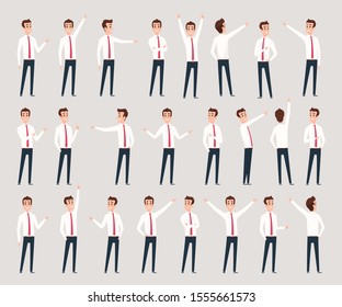 Male pointing. Businessman characters standing and offering consultative leader pointing vector persons