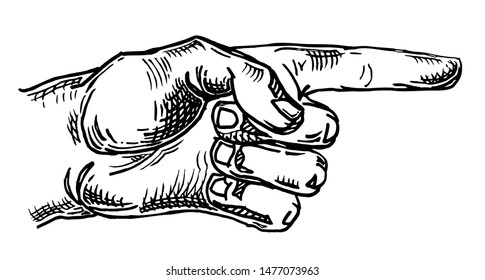 Male pointing finger. Vector black vintage engraved illustration isolated on a white background. Hand sign for web, poster, info graphic