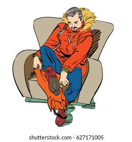 male polar wears boots overshoes. Caricature cartoon style hand drawn color illustration