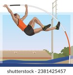 male pole vaulter, vaulting in mid air with track and field in the background