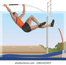 male pole vaulter, vaulting in mid air with track and field in the background