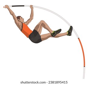 male pole vaulter, vaulting in mid air isolated on a white background