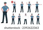 Male Police Officer Cartoon Vector Illustration Poses. Young White Police Men Cop In Blue Uniform. Standing, Holding Signboard, Stop Sign, Ticket, White Isolated