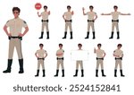 Male Police Officer Cartoon Vector Illustration Poses, Signboard, Young, Highway Patrol, Beige Uniform, Standing, Stop Sign, Ticket, White Isolated