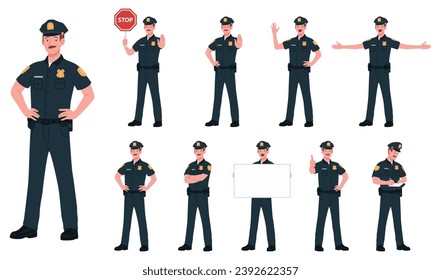 Male Police Officer Cartoon Vector Illustration Poses. Young White Police Men Cop In Dark Blue Uniform. Standing, Holding Signboard, Stop Sign, Ticket, White Isolated